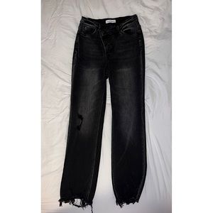 Cross Button Ripped Jeans - Black